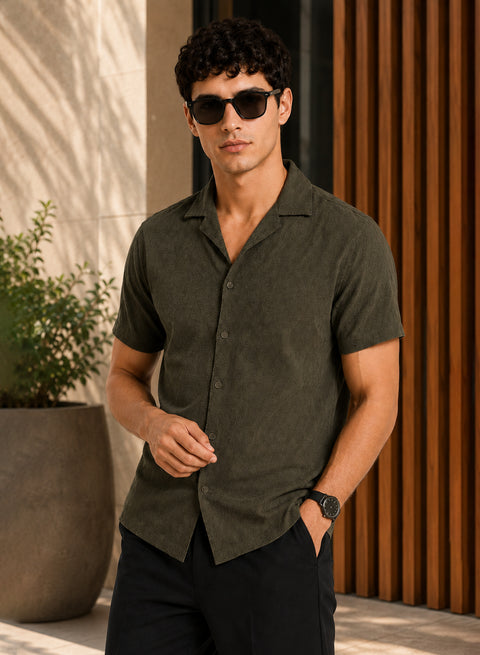 ADRO Men's Textured Cuban Collar Jacquard Shirt - Olive Green