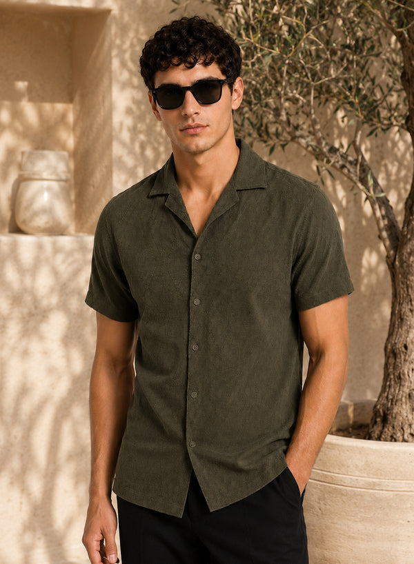 ADRO Men's Textured Cuban Collar Jacquard Shirt - Olive Green