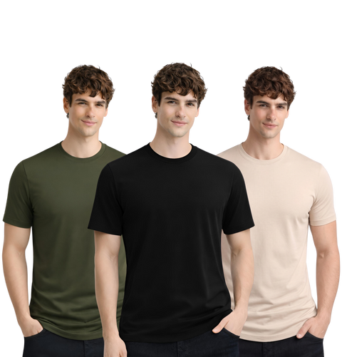 Men’s Cotton T-Shirt Combo Pack of 3 | Regular Fit | ADRO Basics Olive, Black, Beige