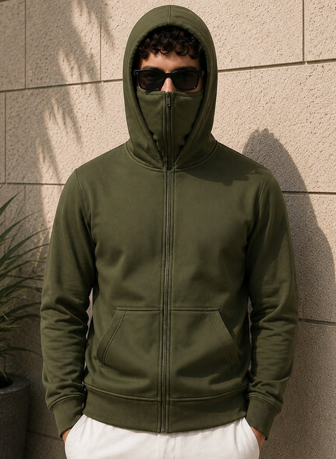 ADRO Balaclava Hoodie for Men | 300 GSM Cotton fleece Warm Fabric| Ski Mask Hooded Jacket for Men | Mens Hoodies with Gloves | Moss Olive
