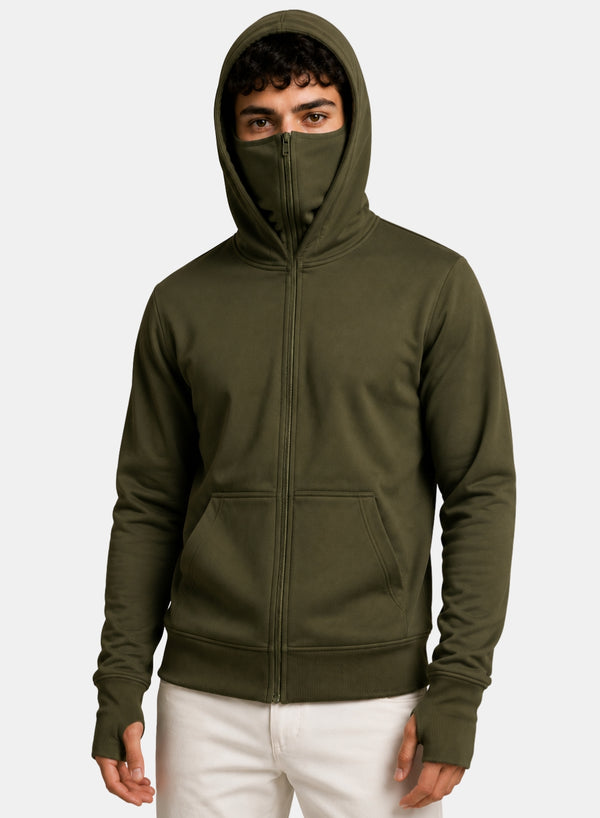 ADRO Balaclava Hoodie for Men | 300 GSM Cotton fleece Warm Fabric| Ski Mask Hooded Jacket for Men | Mens Hoodies with Gloves | Moss Olive