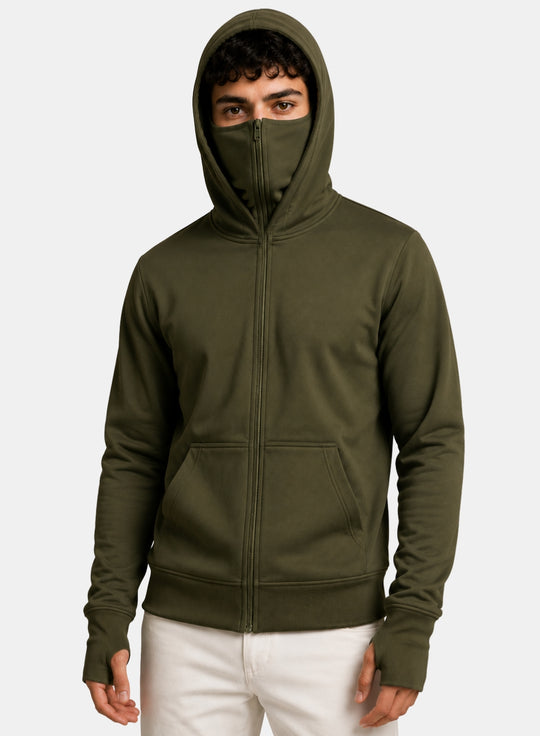 ADRO Balaclava Hoodie for Men | 300 GSM Cotton fleece Warm Fabric| Ski Mask Hooded Jacket for Men | Mens Hoodies with Gloves | Moss Olive