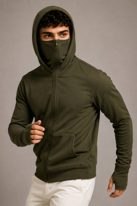 ADRO Balaclava Hoodie for Men | 300 GSM Cotton fleece Warm Fabric| Ski Mask Hooded Jacket for Men | Mens Hoodies with Gloves | Moss Olive