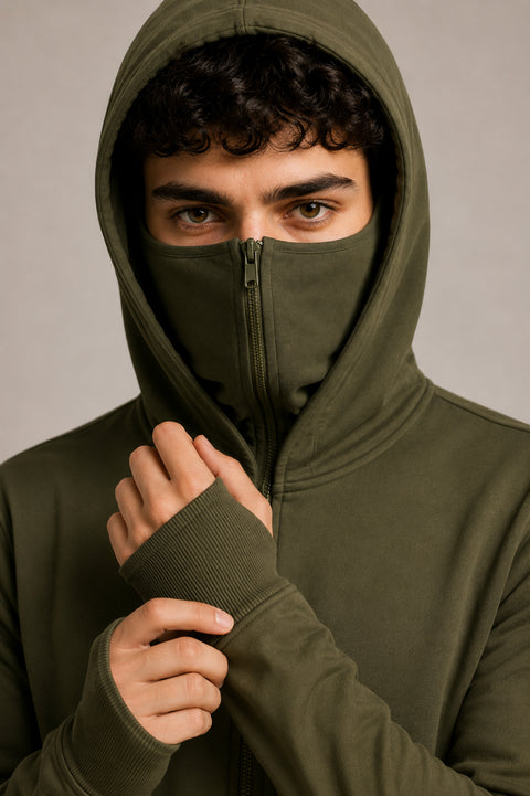 ADRO Balaclava Hoodie for Men | 300 GSM Cotton fleece Warm Fabric| Ski Mask Hooded Jacket for Men | Mens Hoodies with Gloves | Moss Olive
