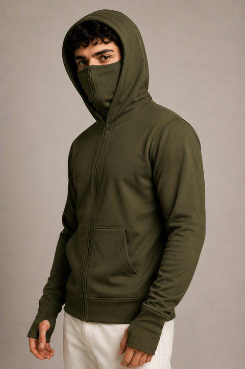 ADRO Balaclava Hoodie for Men | 300 GSM Cotton fleece Warm Fabric| Ski Mask Hooded Jacket for Men | Mens Hoodies with Gloves | Moss Olive