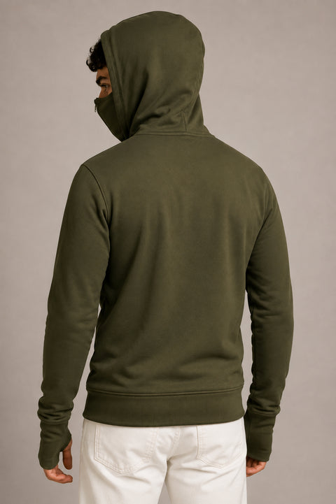 ADRO Balaclava Hoodie for Men | 300 GSM Cotton fleece Warm Fabric| Ski Mask Hooded Jacket for Men | Mens Hoodies with Gloves | Moss Olive