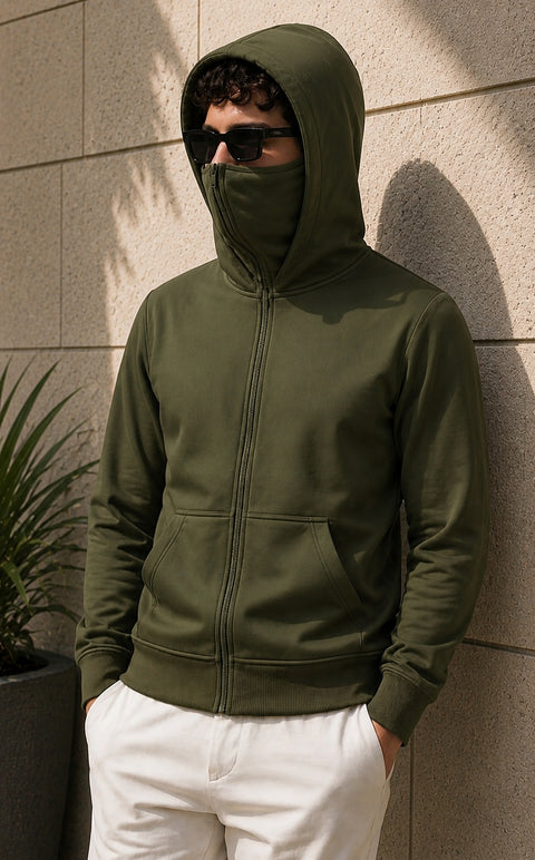 ADRO Balaclava Hoodie for Men | 300 GSM Cotton fleece Warm Fabric| Ski Mask Hooded Jacket for Men | Mens Hoodies with Gloves | Moss Olive