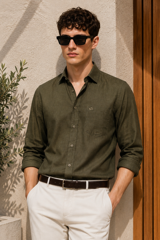 Men's Olive Cotton Linen Shirt | Textured Casual Shirt