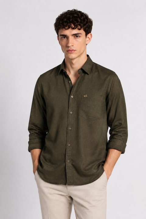 Men's Olive Cotton Linen Shirt | Textured Casual Shirt
