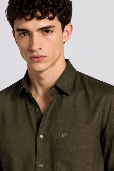 Men's Olive Cotton Linen Shirt | Textured Casual Shirt