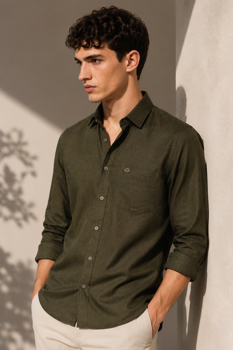 Men's Olive Cotton Linen Shirt | Textured Casual Shirt