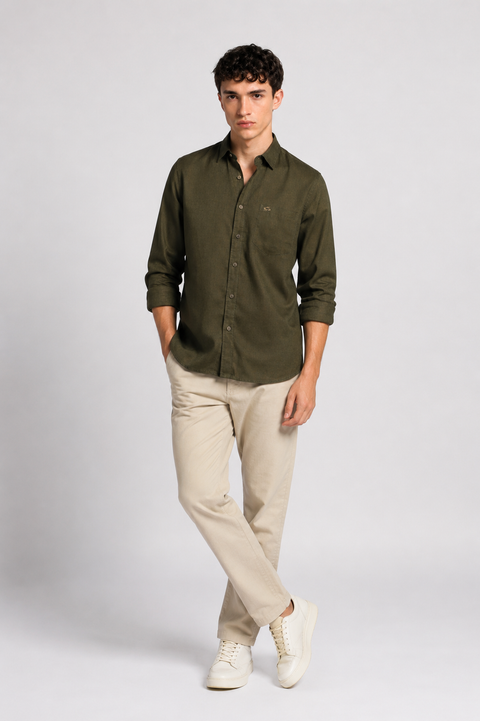 Men's Olive Cotton Linen Shirt | Textured Casual Shirt