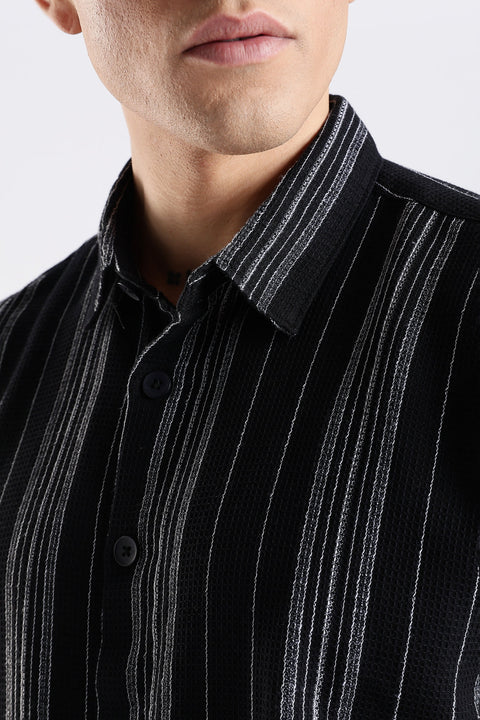 Adro Men's Relaxed Fit Black Striped Spread Collar Casual Shirt – Short Sleeves, Lightweight Cotton Blend