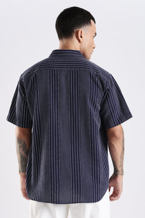 Adro Men Spread Collar Vertical Striped Self Design Cotton Oversized Casual Shirt