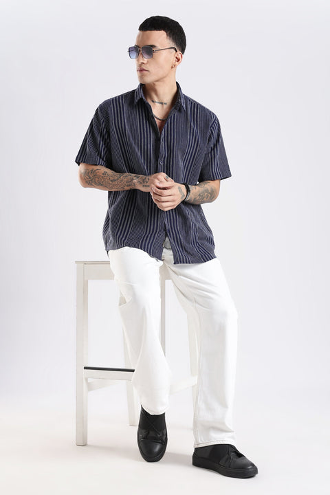 Adro Men Spread Collar Vertical Striped Self Design Cotton Oversized Casual Shirt