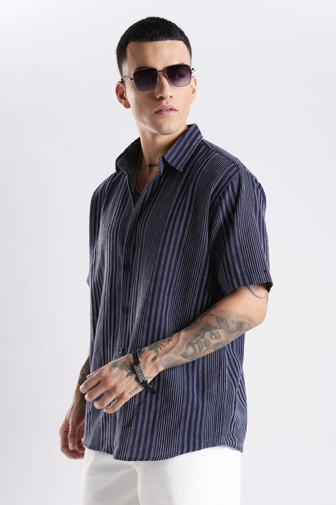Adro Men Spread Collar Vertical Striped Self Design Cotton Oversized Casual Shirt