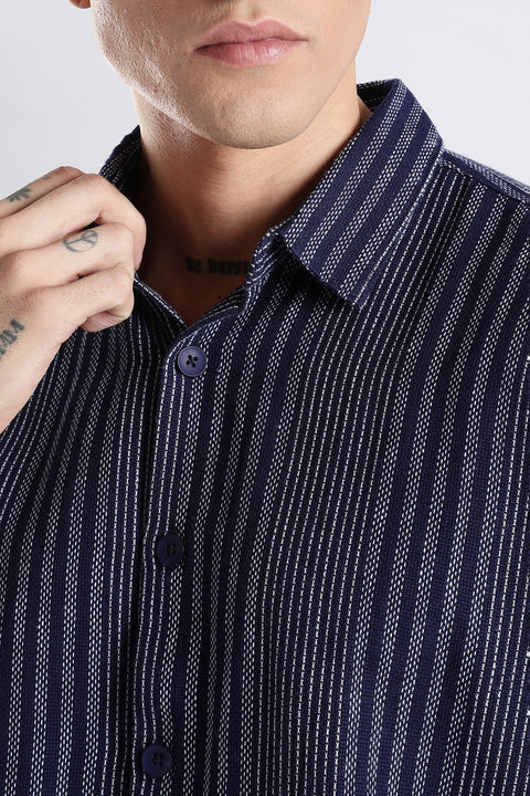 Adro Men Spread Collar Vertical Striped Self Design Cotton Oversized Casual Shirt