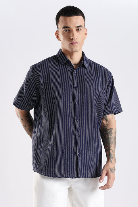 Adro Men Spread Collar Vertical Striped Self Design Cotton Oversized Casual Shirt