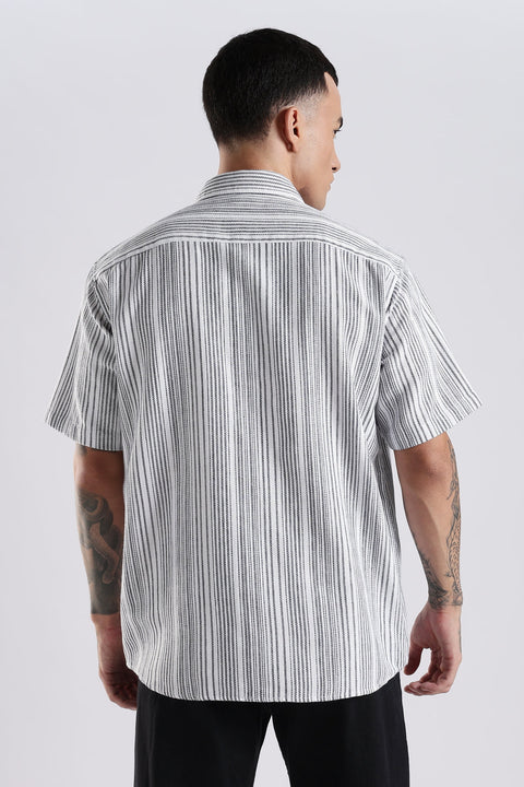 Adro Men Spread Collar Vertical Striped Self Design Cotton Oversized Casual Shirt