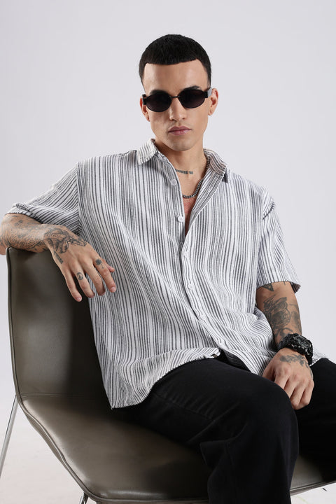 Adro Men Spread Collar Vertical Striped Self Design Cotton Oversized Casual Shirt
