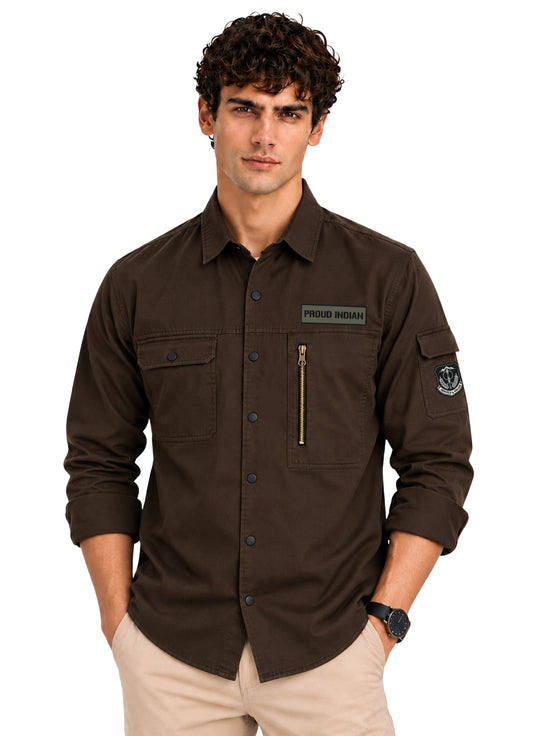 ADRO Men's Proud Indian Cargo Shirt | Full Sleeve Button Down Utility Cargo Shirt | Brown | Regular Fit | Multi Pocket Casual Streetwear