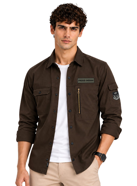 ADRO Men's Proud Indian Cargo Shirt | Full Sleeve Button Down Utility Cargo Shirt | Brown | Regular Fit | Multi Pocket Casual Streetwear