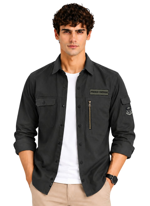 ADRO Men's Proud Indian Cargo Shirt | Full Sleeve Button Down Utility Cargo Shirt | Dark Grey | Regular Fit | Multi Pocket Casual Streetwear