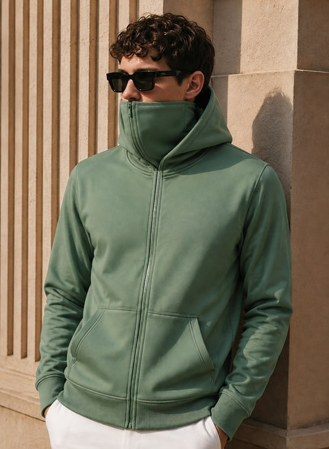 ADRO Balaclava Hoodie for Men | 300 GSM Cotton fleece Warm Fabric| Ski Mask Hooded Jacket for Men | Mens Hoodies with Gloves | Sage Pista