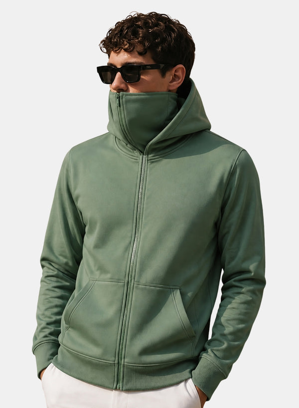 ADRO Balaclava Hoodie for Men | 300 GSM Cotton fleece Warm Fabric| Ski Mask Hooded Jacket for Men | Mens Hoodies with Gloves | Sage Pista