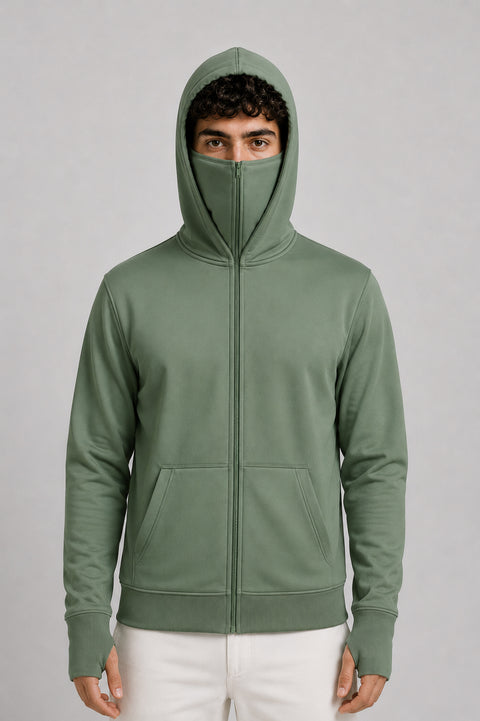 ADRO Balaclava Hoodie for Men | 300 GSM Cotton fleece Warm Fabric| Ski Mask Hooded Jacket for Men | Mens Hoodies with Gloves | Sage Pista