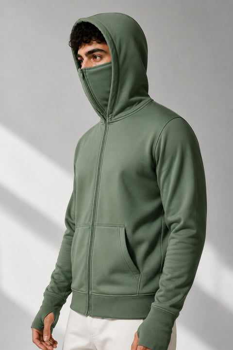 ADRO Balaclava Hoodie for Men | 300 GSM Cotton fleece Warm Fabric| Ski Mask Hooded Jacket for Men | Mens Hoodies with Gloves | Sage Pista