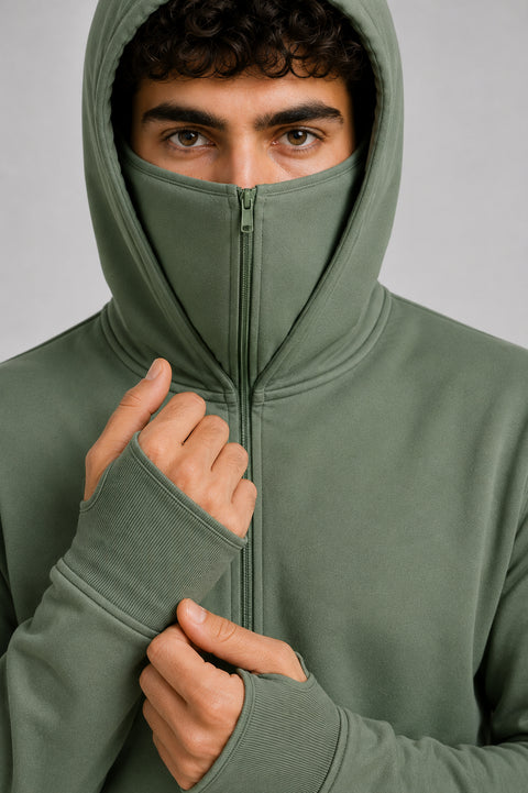 ADRO Balaclava Hoodie for Men | 300 GSM Cotton fleece Warm Fabric| Ski Mask Hooded Jacket for Men | Mens Hoodies with Gloves | Sage Pista