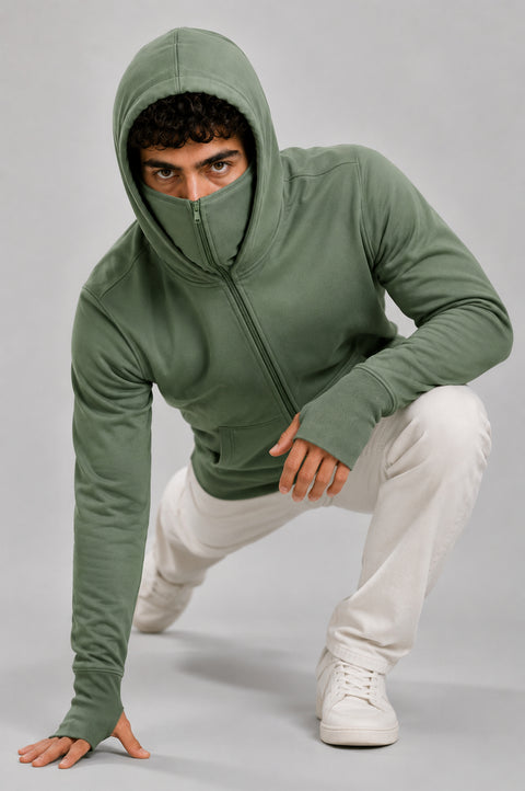 ADRO Balaclava Hoodie for Men | 300 GSM Cotton fleece Warm Fabric| Ski Mask Hooded Jacket for Men | Mens Hoodies with Gloves | Sage Pista