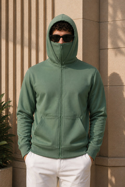 ADRO Balaclava Hoodie for Men | 300 GSM Cotton fleece Warm Fabric| Ski Mask Hooded Jacket for Men | Mens Hoodies with Gloves | Sage Pista