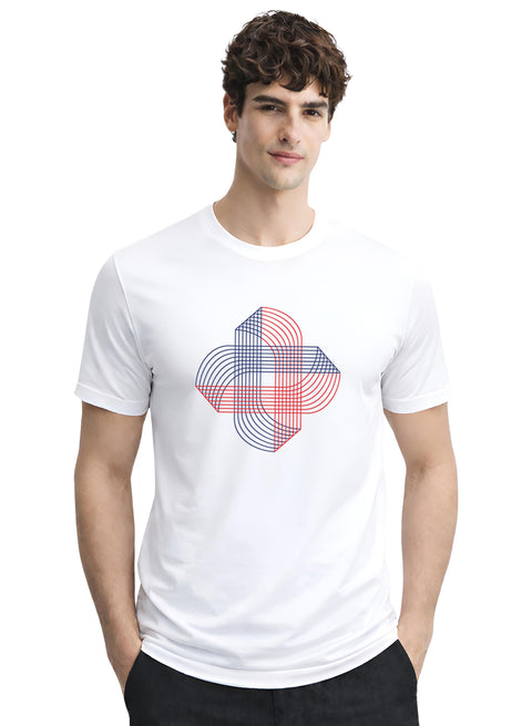 ADRO Printed T-Shirt for Men | Cross Matrix Cotton Printed Tshirt | Regular Fit Casual T-Shirts | Summer Tshirts White