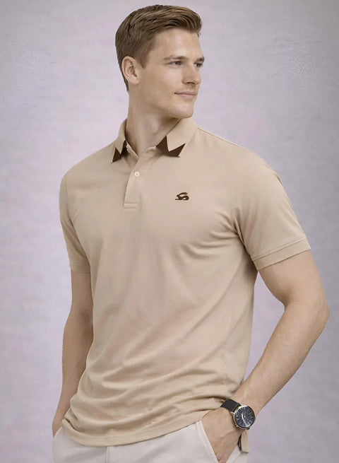 Adro Beige Polo Tshirt for Men | 100% Cotton Polo T shirt | Regular Fit Half Sleeve Mens Polo Neck T-Shirt