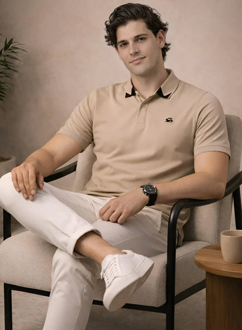 Adro Beige Polo Tshirt for Men | 100% Cotton Polo T shirt | Regular Fit Half Sleeve Mens Polo Neck T-Shirt