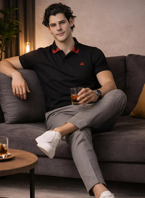 Adro Black Polo Tshirt for Men | 100% Cotton Polo T shirt | Regular Fit Half Sleeve Mens Polo Neck T-Shirt