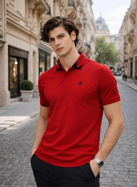 Adro Red Polo Tshirt for Men | 100% Cotton Polo T shirt | Regular Fit Half Sleeve Mens Polo Neck T-Shirt