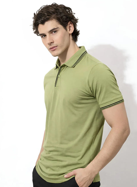 Adro Cotton Polo T Shirt for men | Regular Fit Polo T-shirt | Short Sleeve Light Olive Solid Polo Tshirt | Premium Soft Fabric for Summer