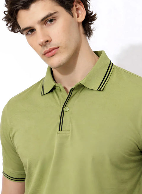 Adro Cotton Polo T Shirt for men | Regular Fit Polo T-shirt | Short Sleeve Light Olive Solid Polo Tshirt | Premium Soft Fabric for Summer