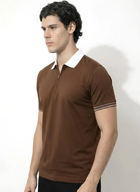 Adro Cotton Polo T Shirt for men | Regular Fit Zipper Polo T-shirt | Short Sleeve Brown Solid Polo Tshirt with Zip | Soft Fabric for Summer