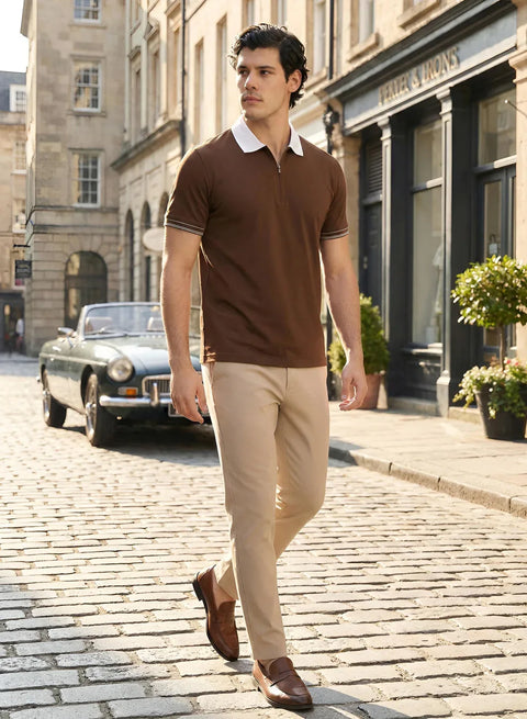 Adro Cotton Polo T Shirt for men | Regular Fit Zipper Polo T-shirt | Short Sleeve Brown Solid Polo Tshirt with Zip | Soft Fabric for Summer