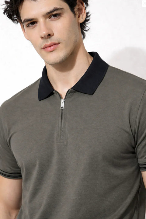 Adro Cotton Polo T Shirt for men | Regular Fit Zipper Polo T-shirt | Short Sleeve Web Grey Solid Polo Tshirt with Zip | Soft Fabric for Summer