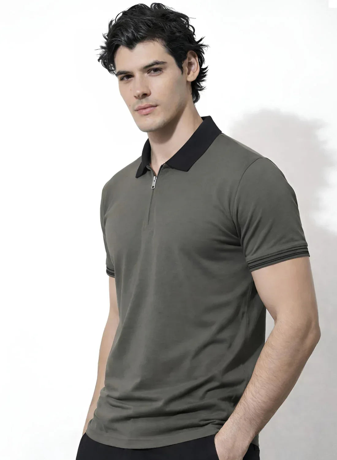 Adro Cotton Polo T Shirt for men | Regular Fit Zipper Polo T-shirt | Short Sleeve Web Grey Solid Polo Tshirt with Zip | Soft Fabric for Summer