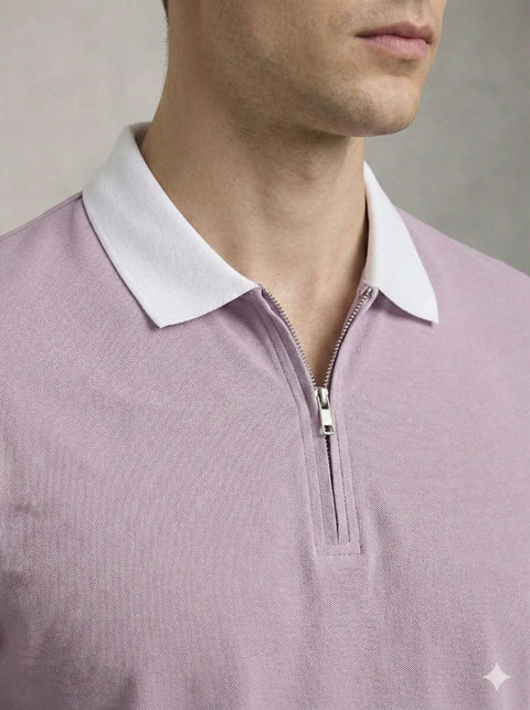 Adro Cotton Polo T Shirt for men | Regular Fit Zipper Polo T-shirt | Short Sleeve Lavender Solid Polo Tshirt with Zip | Soft Fabric for Summer