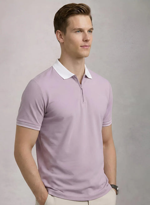 Adro Cotton Polo T Shirt for men | Regular Fit Zipper Polo T-shirt | Short Sleeve Lavender Solid Polo Tshirt with Zip | Soft Fabric for Summer