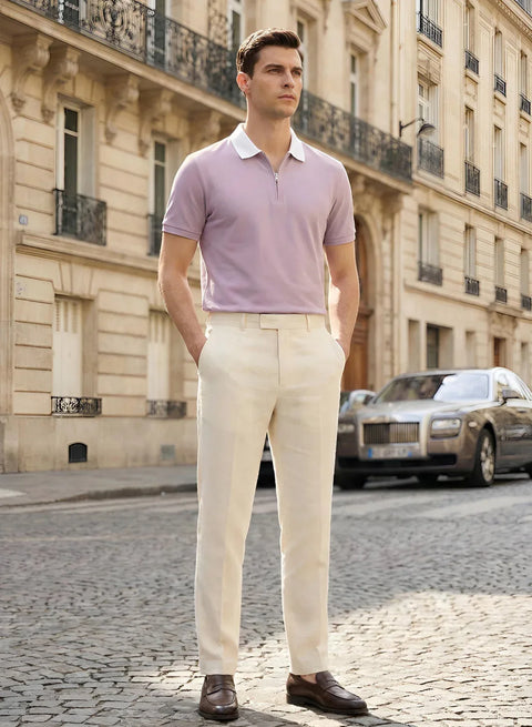 Adro Cotton Polo T Shirt for men | Regular Fit Zipper Polo T-shirt | Short Sleeve Lavender Solid Polo Tshirt with Zip | Soft Fabric for Summer