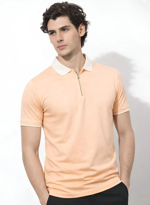 Adro Cotton Polo T Shirt for men | Regular Fit Zipper Polo T-shirt | Short Sleeve Peach Fuzz Solid Polo Tshirt with Zip | Soft Fabric for Summer