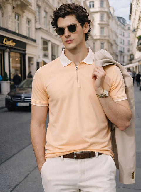 Adro Cotton Polo T Shirt for men | Regular Fit Zipper Polo T-shirt | Short Sleeve Peach Fuzz Solid Polo Tshirt with Zip | Soft Fabric for Summer